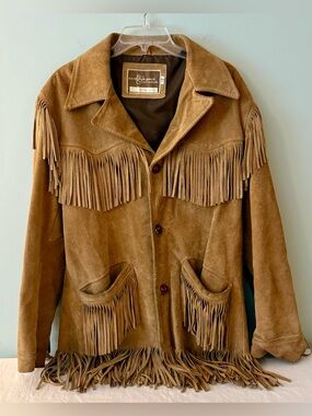 Vintage 70’s Sears Leather Shop Collection Men’s Tan Suede Fringe Western Jacket